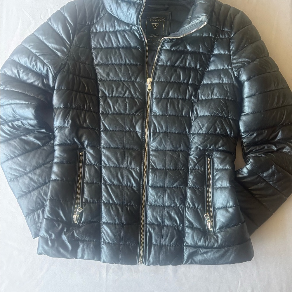 GUESS Women's Black Faux Leather Puffer‎ Jacket Size XS